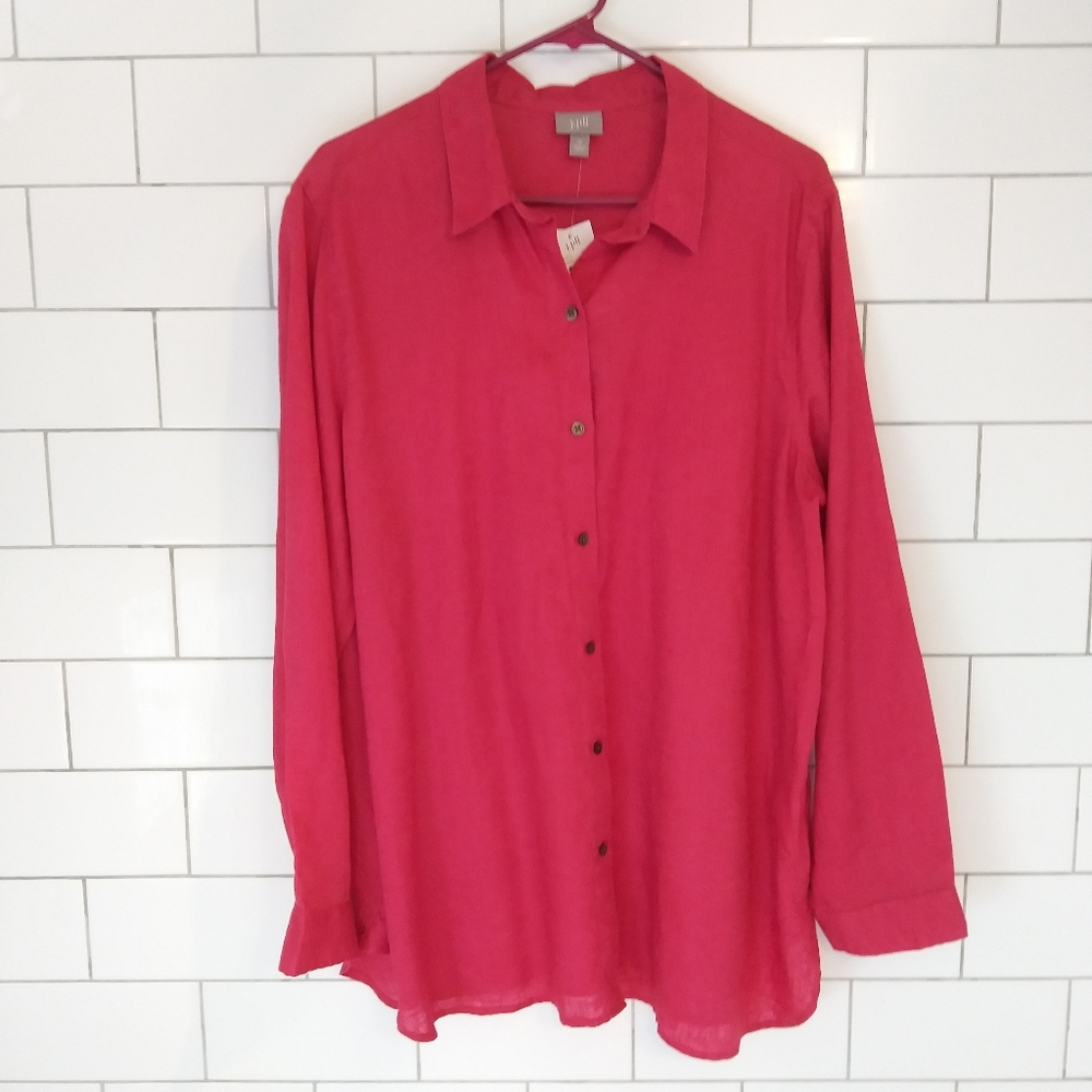 NWT J. Jill Linen Collared Button-down Tunic Size Large Tall, Gorgeous Gala Red